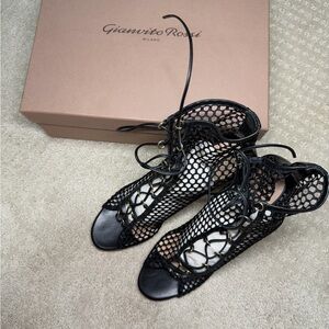 Gianvito Rossi Black Lace-Up Fishnet Heels